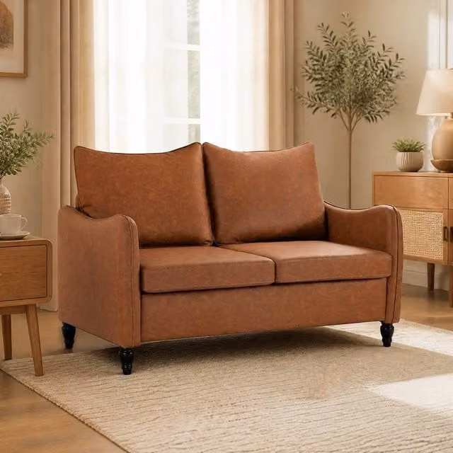 STILVORA Two-Seater Modern Sofa in Brown Synthetic Leather with Rubberwood Legs – 1
