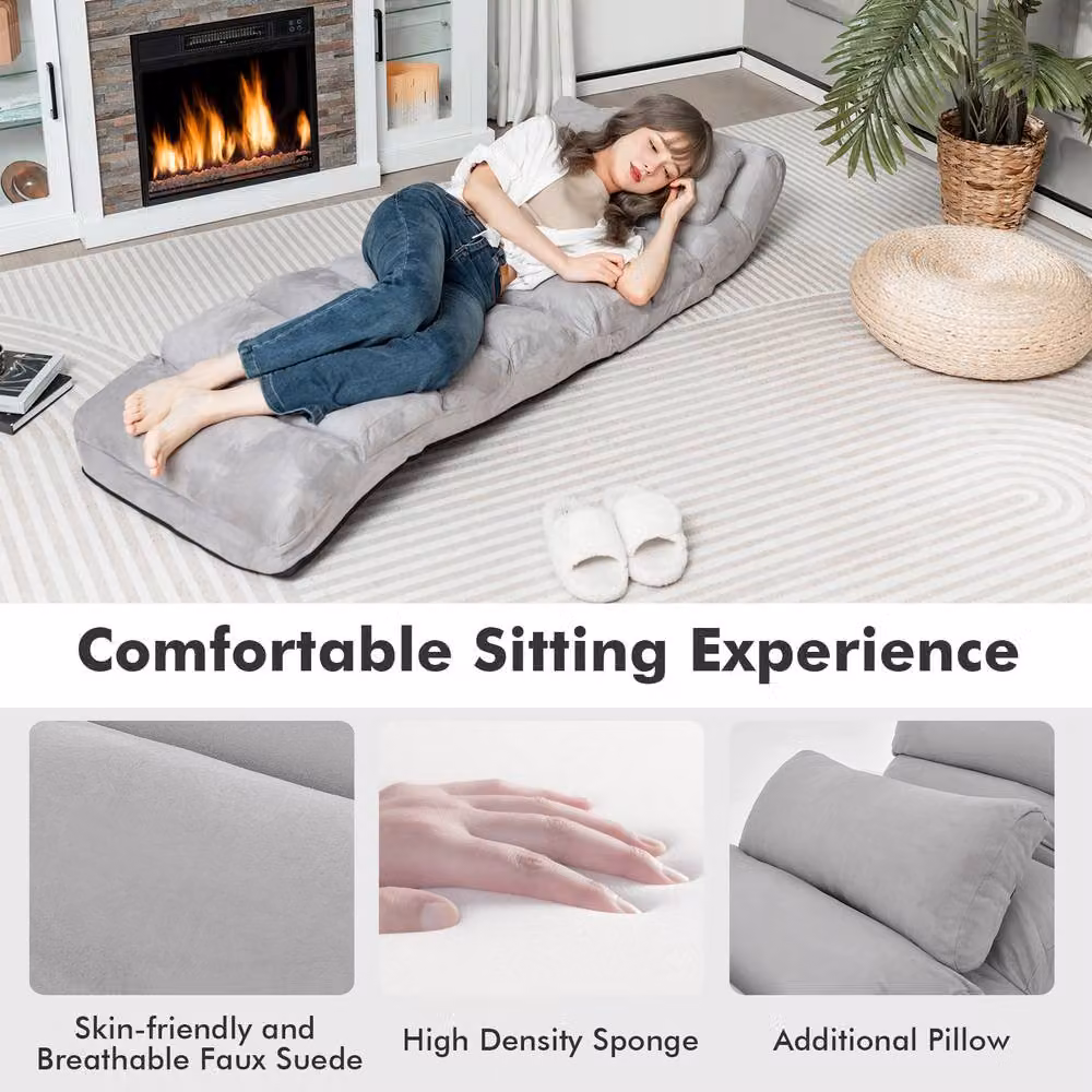 Gymax Grey Microfibre Upholstered Floor Chaise Lounge with 5-Position Foldable Gaming Seat and Adjustable Headrest – 3
