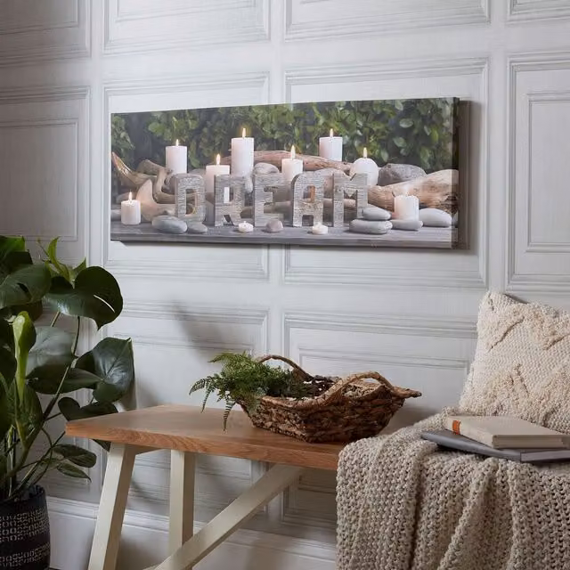 Art for the Home Typography Dream LED Printed Canvas in White and Green