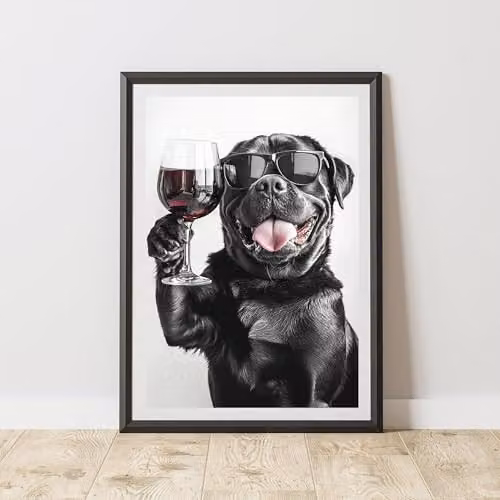 60 Second Makeover Limited Funny Rottweiler Drinking Wine Paper Poster, Black and White, A4