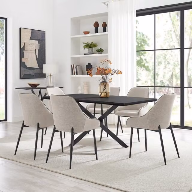 FurnitureboxUK Leonardo Black Top Rectangular Dining Table and 6 Beaumont Cream Fabric Chairs Set