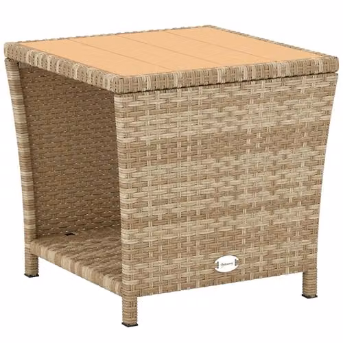 Outsunny 2-Tier PE Rattan Side Table with Storage Shelf, Beige – 1