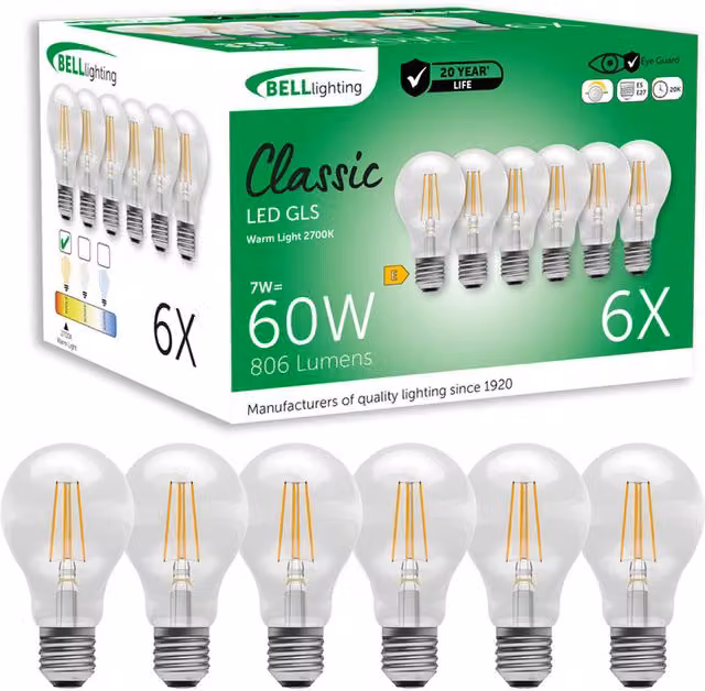 British Light Works E27 Edison Screw LED Filament GLS Globe Light Bulb, Dimmable Warm White 2700K, 7W, 810 Lumen