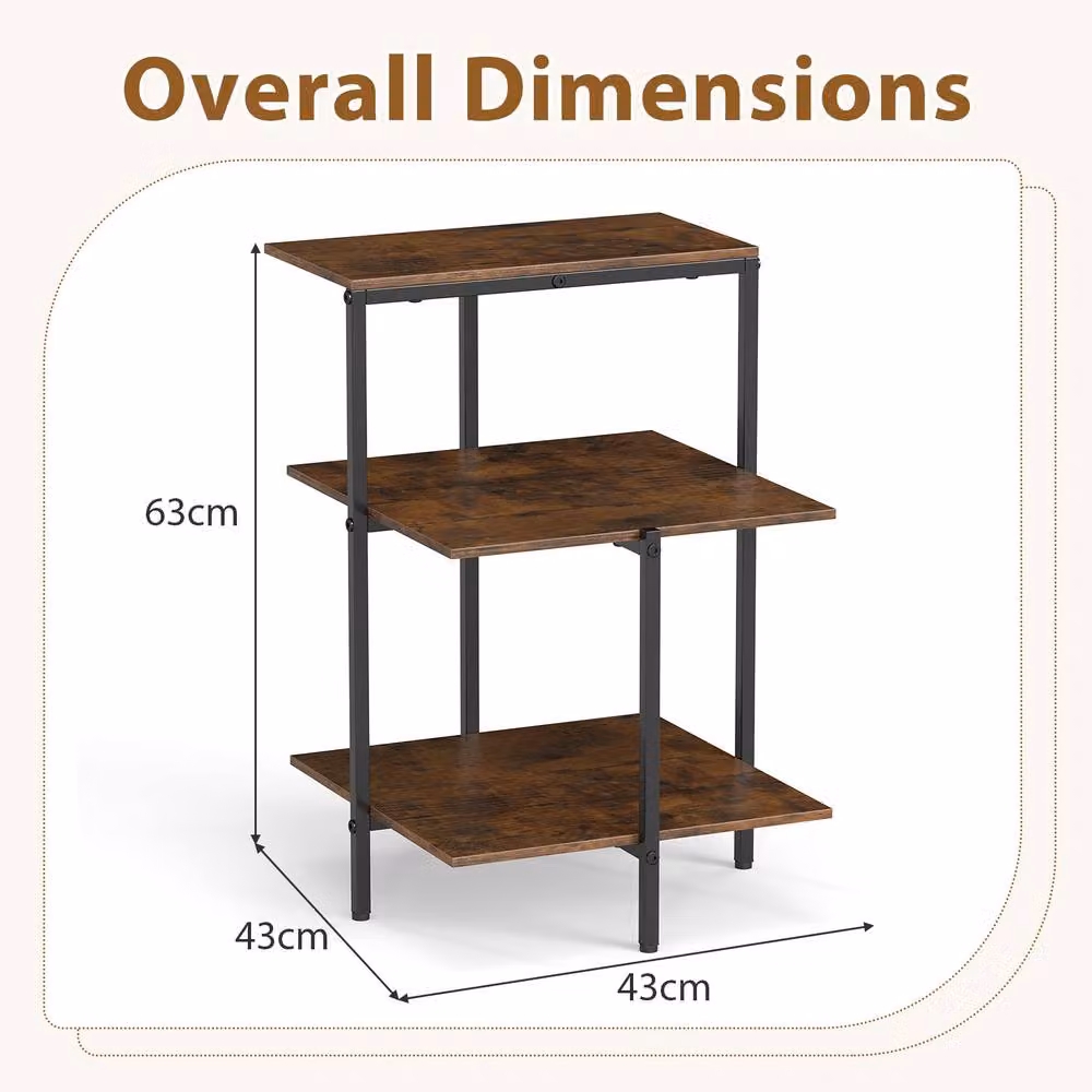 Costway 3-Tier Industrial Square Side Table with Shelves in Brown and Black – 2