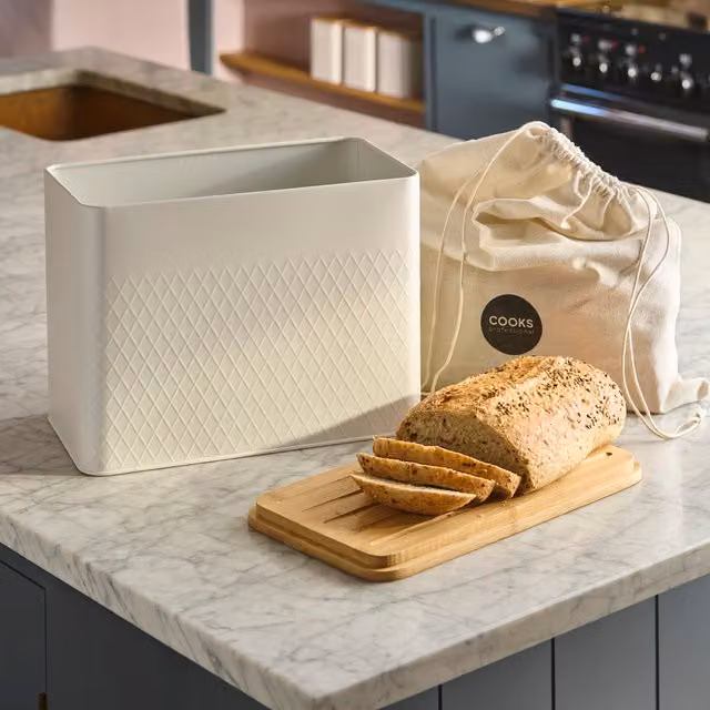Cooks Professional White Diamond Pattern Bread Bin with Bamboo Cutting Board Lid and Linen Bag