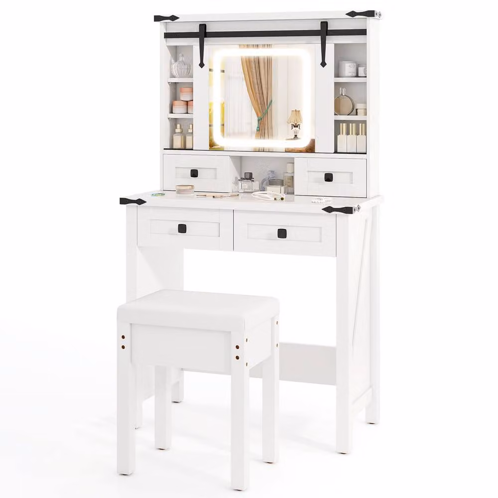 Costway Makeup Vanity Desk Set with Hollywood LED Mirror and Stool in White – 2