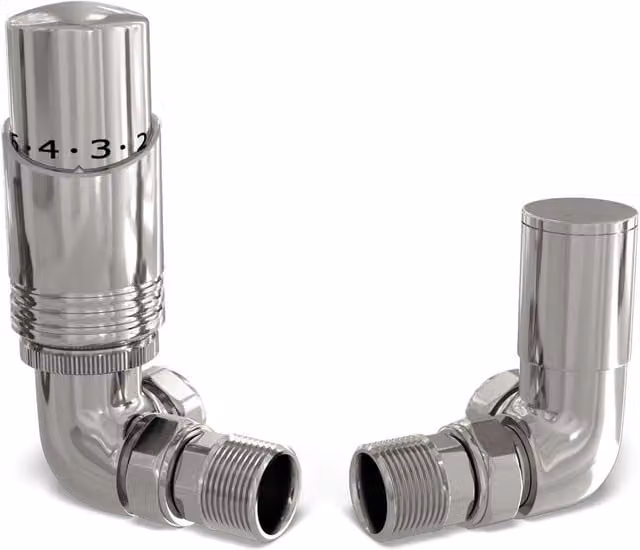 UK Radiators Talus Bold Polished Chrome Thermostatic Radiator Valve and Lockshield Angled Set