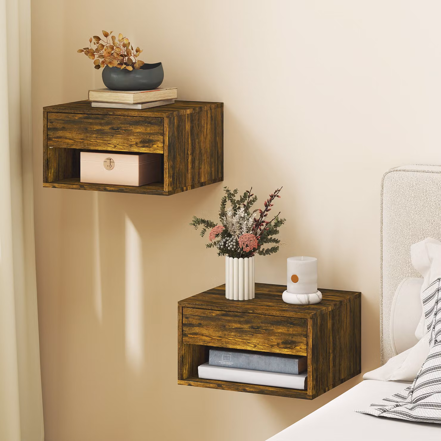 HOMCOM Set of Two Wall-Mounted Floating Bedside Tables in Rustic Brown – 2