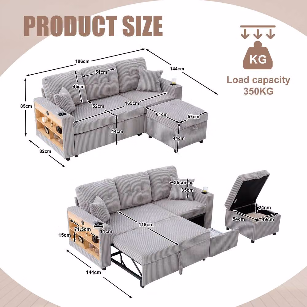 Rolipo Corduroy Sofa Bed with Storage and Pull-Out Guest Bed, featuring USB-C Charging and LED Lighting, Light Grey – 2