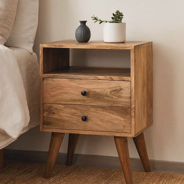 Direct Wicker Classic Oak-ish Solid Wood Bedside Table in Brown with 2 Drawers and 1 Open Slot, W/D/H: 45.0 x 35.0 x 60.0 cm