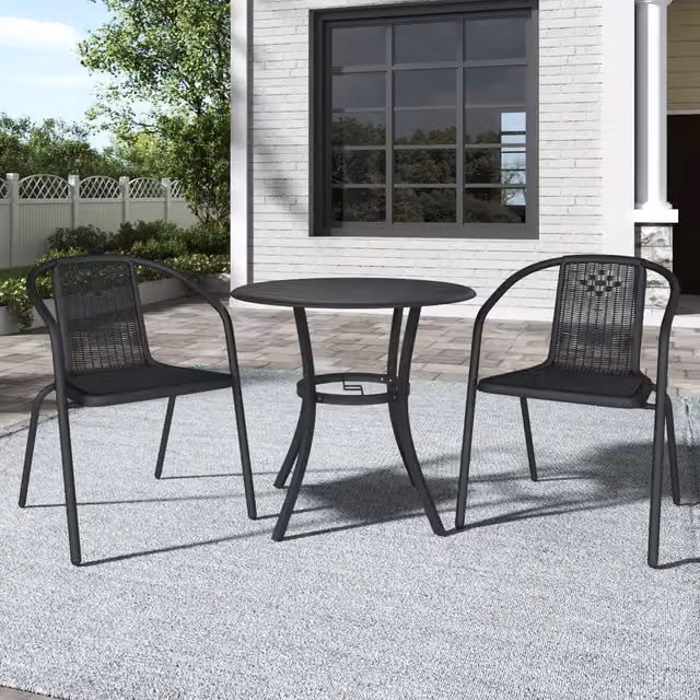 Breeins Modern Garden Set with Matt Black Metal Slatted Round Coffee Table and 2 Rattan Chairs