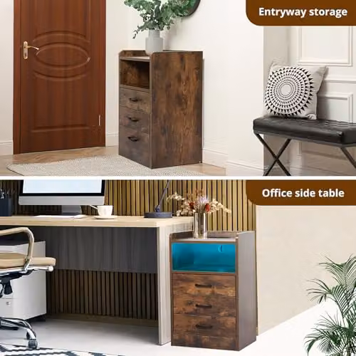 Levede Bedside Table with Charging Station and 3 Drawers, Rustic Brown with LED Lighting and USB Outlets – 8