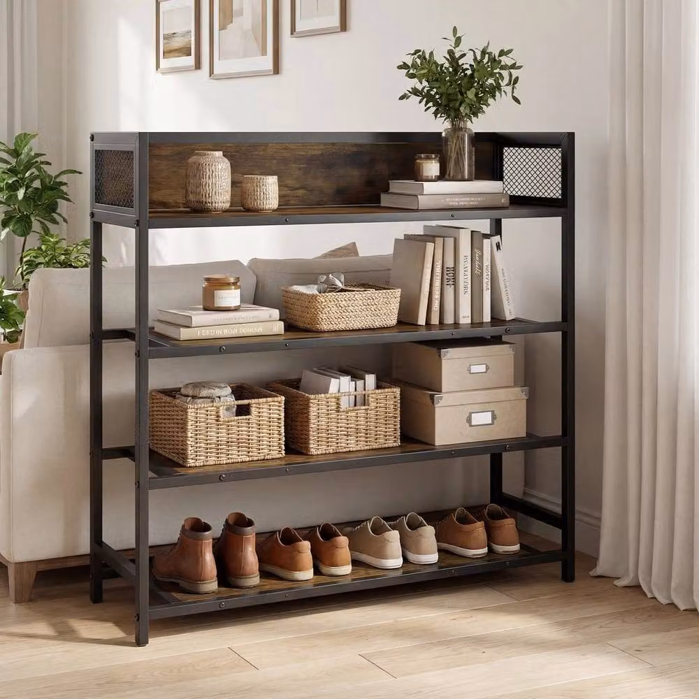 Kelvenix 4-Tier Industrial Metal Shoe Rack in Black and Brown – 4