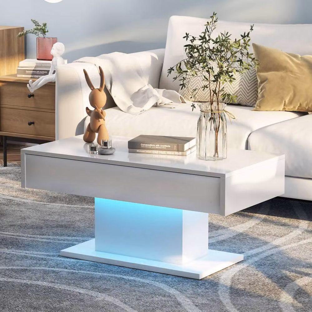 KEEPREAPER Modern Rectangular Coffee Table in Grey with High Glossy Finish and 16-Colour LED Lights – 3