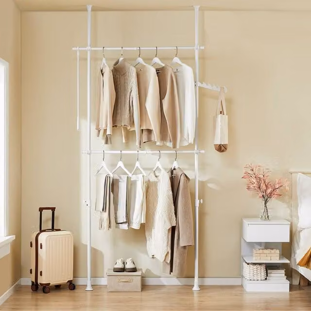 SoBuy Adjustable White Metal Clothes Rail and Dual Hook Wardrobe for Bedroom or Hallway