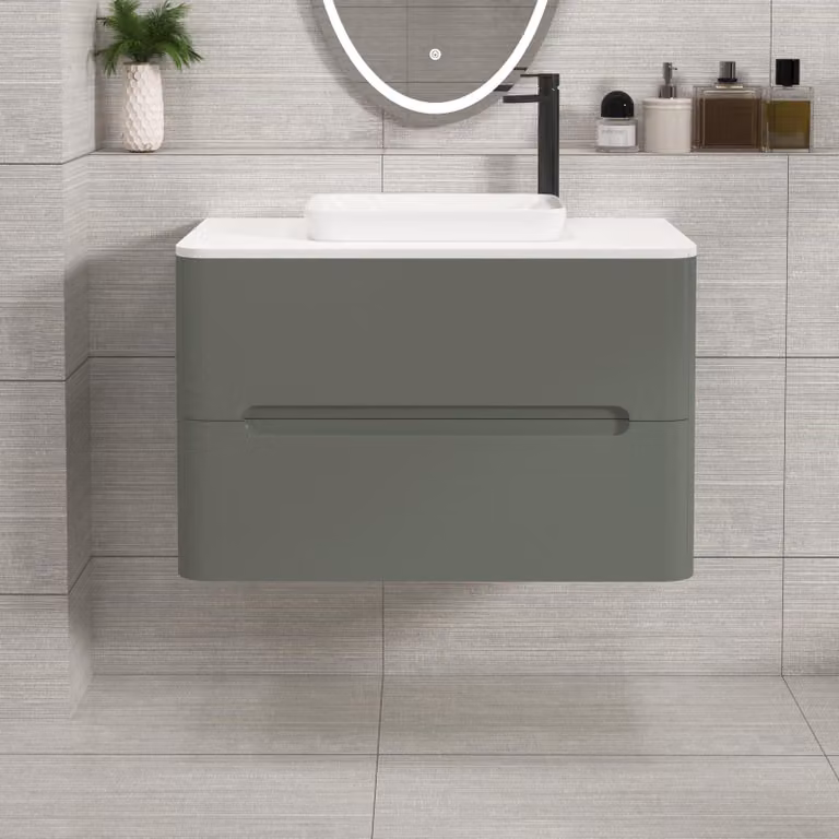 Royal Bathrooms Venice 800mm Wall Hung Vanity Unit in Sage Green with 2 Drawers and Plain White Qubix Basin