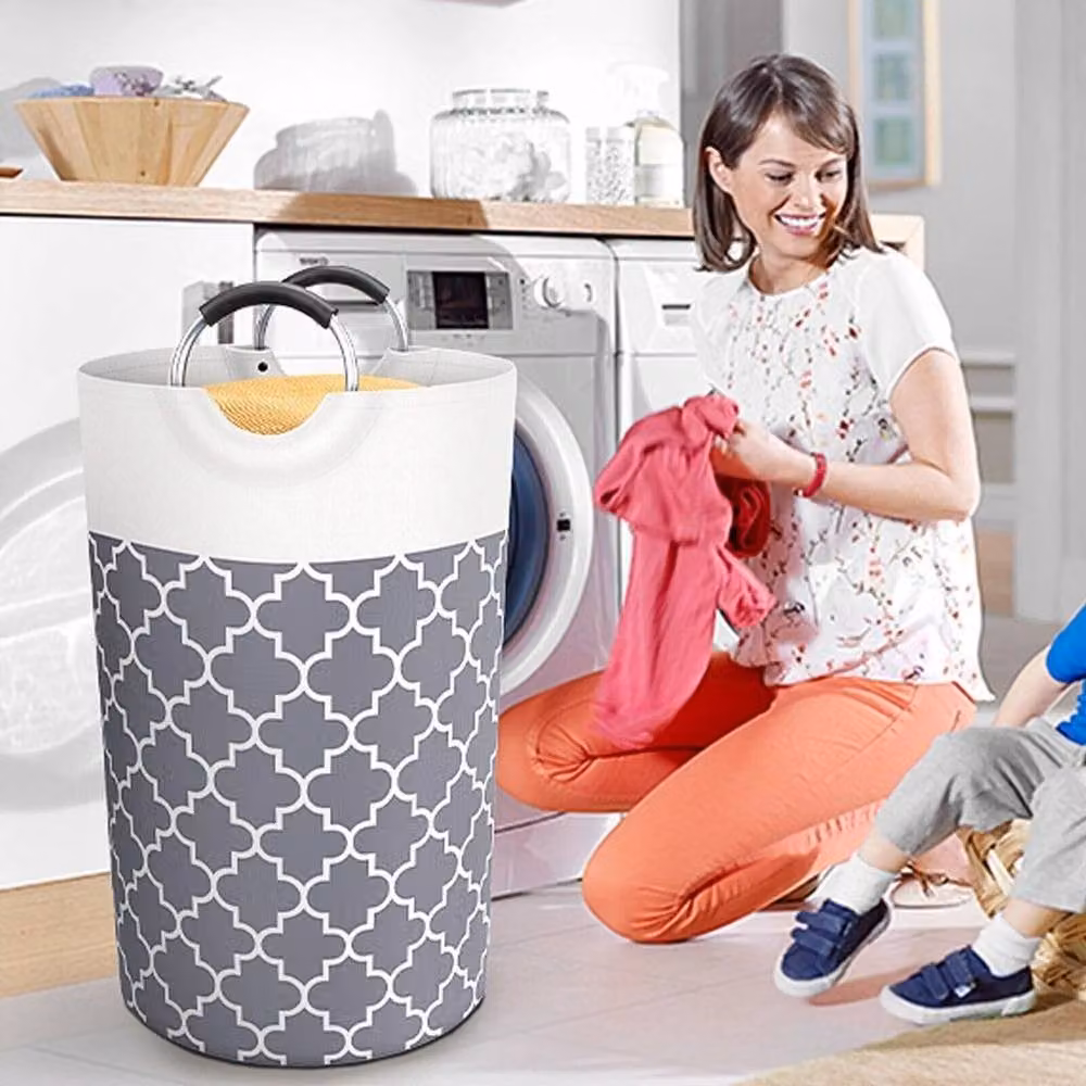 FLAVORA Grey Large Collapsible Laundry Basket with Handles – 3