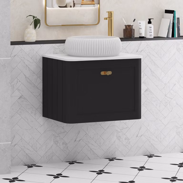 Royal Bathrooms Henley 600mm Wall Hung Vanity Unit in Matt Nocturne Black with Plain White Worktop, Milan Basin and Brushed Brass Knob