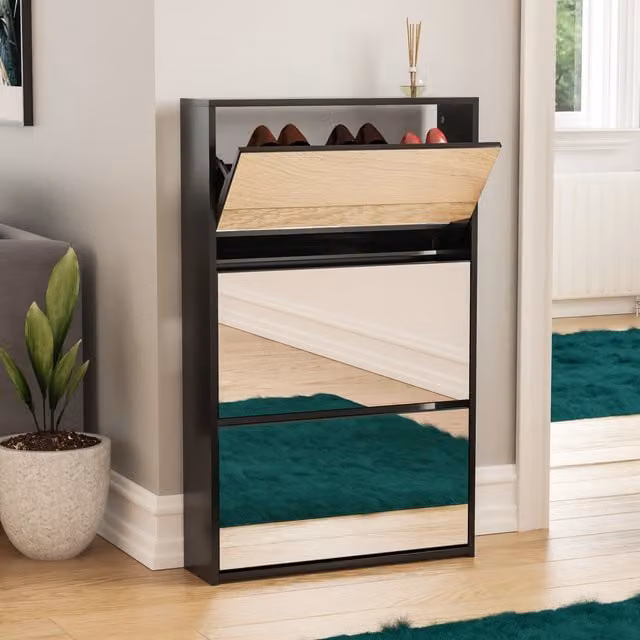 Vida Designs Modern Black Matt Mirrored Shoe Cabinet with Glass Doors and Tilting Compartments