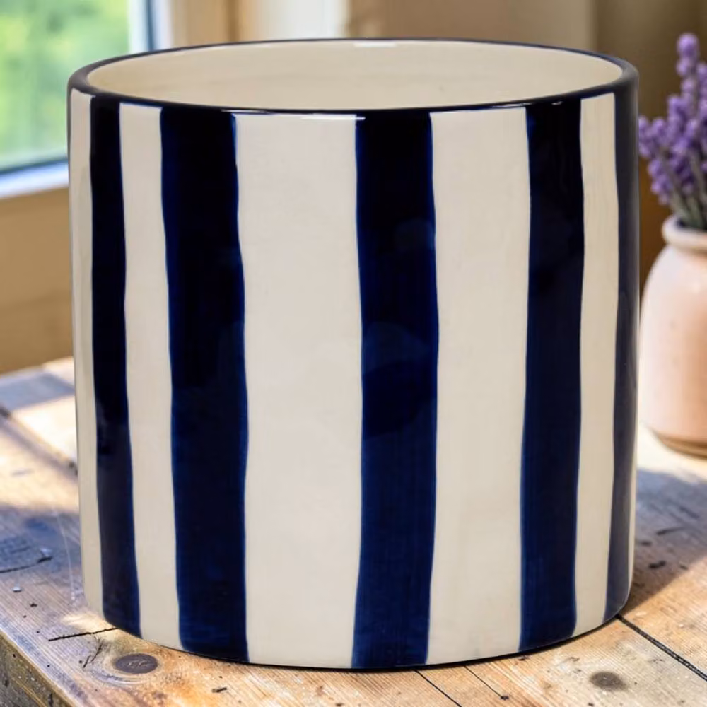 Four Candle Blue and White Striped Ceramic Decorative Plant Pot, Height: 17 cm – 2