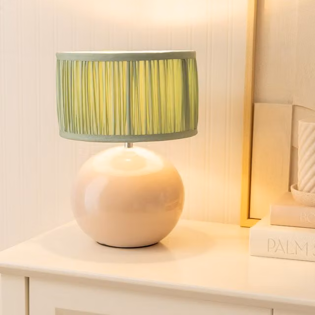 ValueLights Bosco Stone Ceramic Table Lamp with Ruched Pleated Fabric Drum Shade in Green