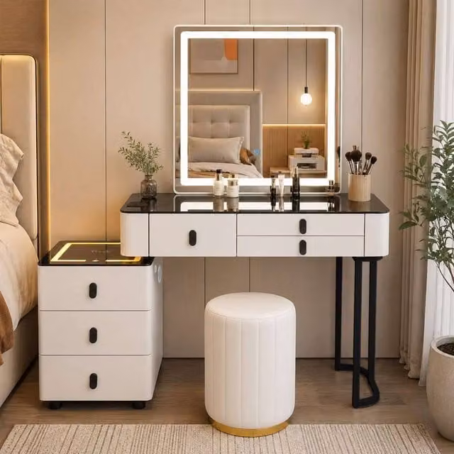 MN Furniture Modern Hollywood LED Dressing Table Vanity Set with Stool in White