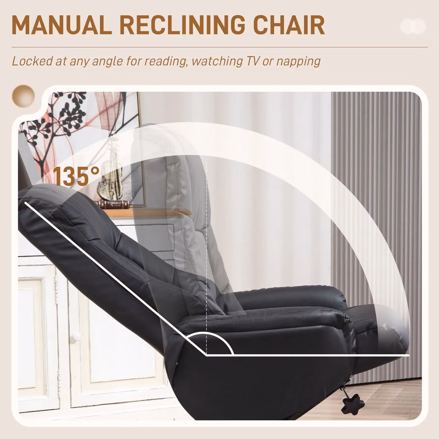 HOMCOM Black Synthetic Leather Recliner Armchair with Solid Wood Base – 4