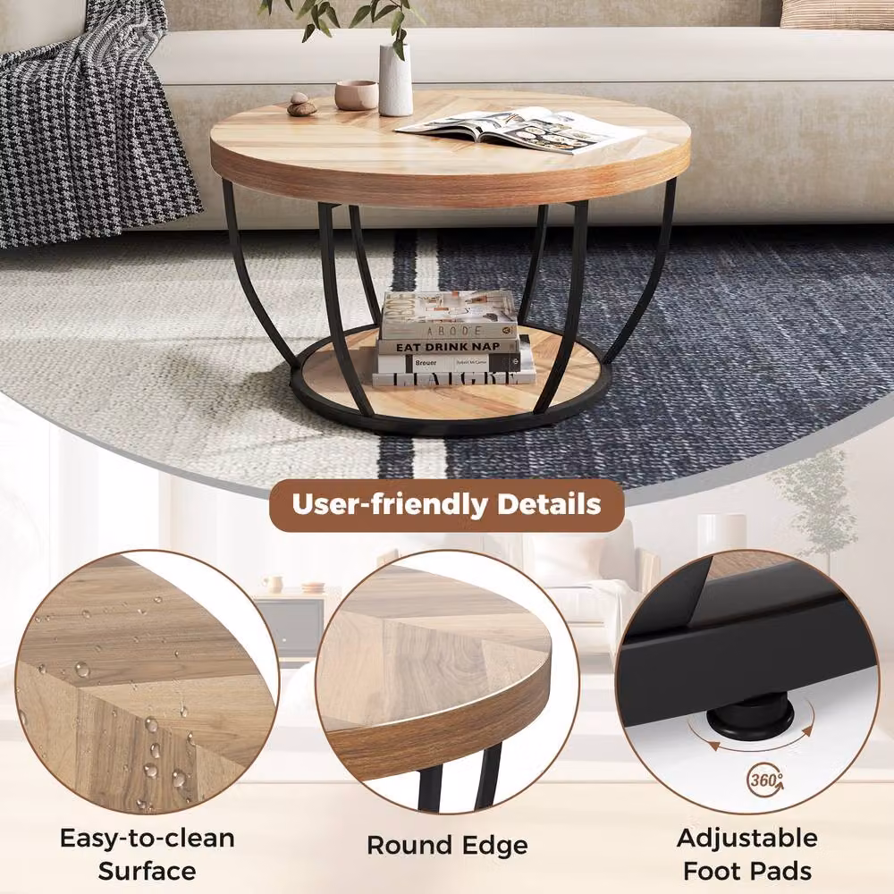 Gymax Round 2-Tier Coffee Table with Faux Wooden Top in Sand Brown – 8