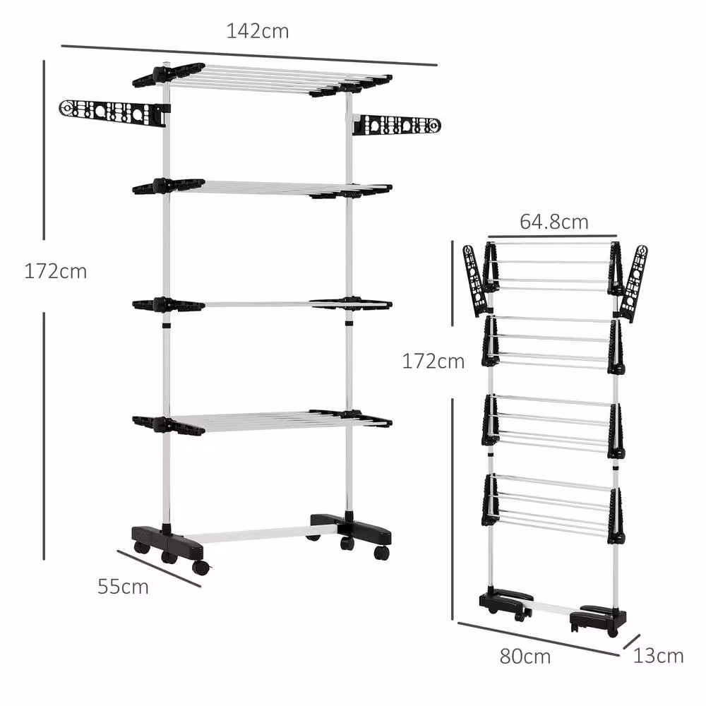 STILVORA Foldable Stainless Steel Clothes Airer with 4 Shelves, Side Arms and Wheels in Black – 2