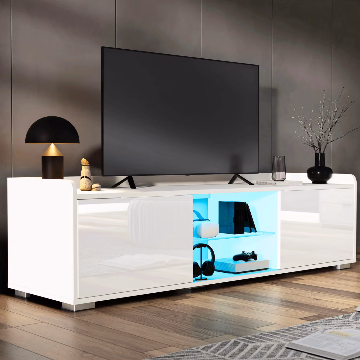 DHS High Gloss LED TV Unit with Storage in White, Width: 140 cm