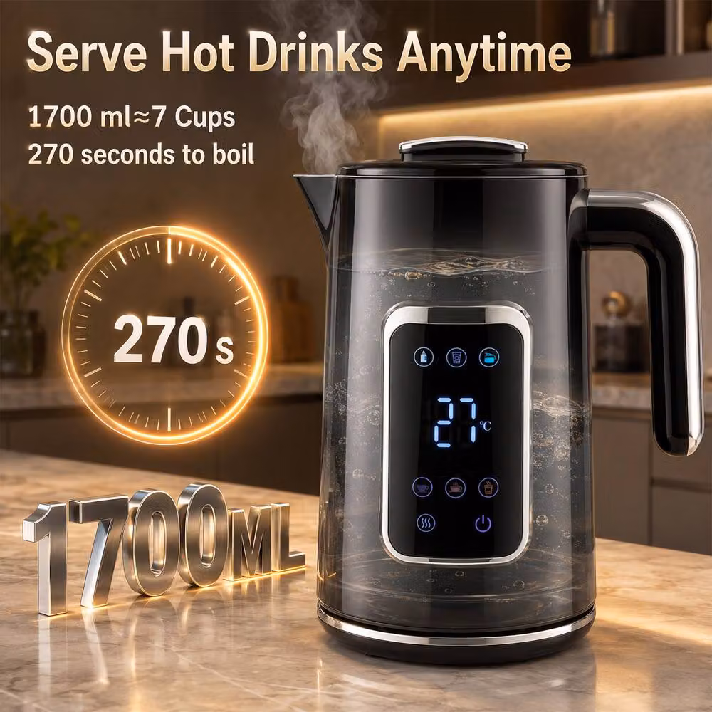 HOMCOM 1.7 l Fast Boil 3000W Electric Kettle with LED Touch Display and Keep Warm Function, Black – 3