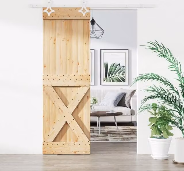 Berkfield Home Rustic Solid Pine Sliding Door with Hardware Set in Brown, W: 70 cm, H: 210 cm