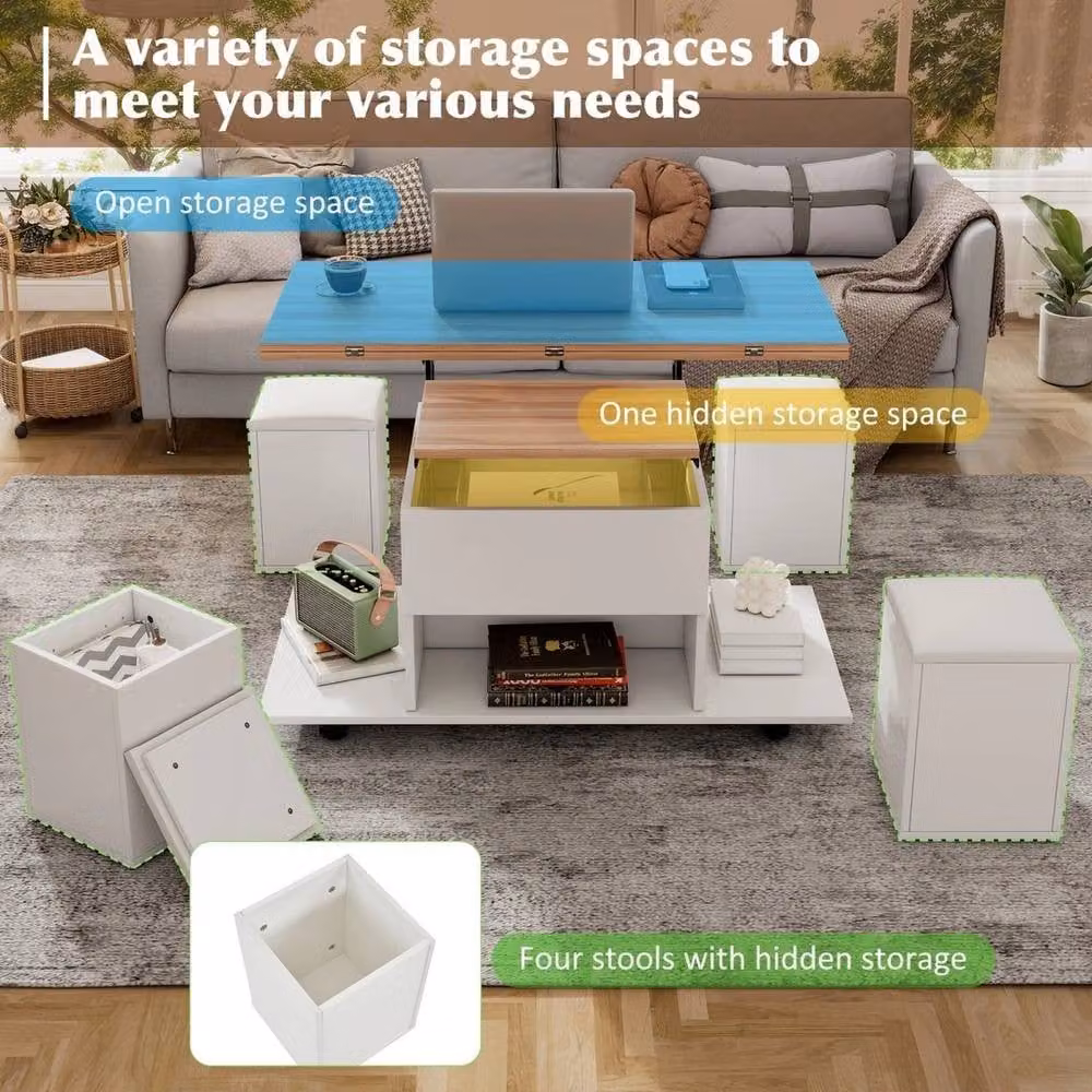 FORGEVIO Modern White Wooden Lift Up Top Coffee Table – 2
