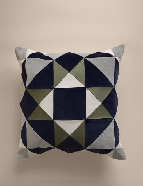 M&S Green Multicolour Graphic Patchwork Square Cotton Cushion Cover