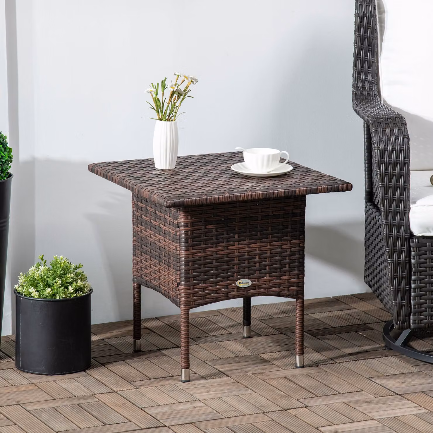 Outsunny Outdoor Rattan Side Table with Plastic Board and Powder Coated Steel Frame, Mixed Brown – 2