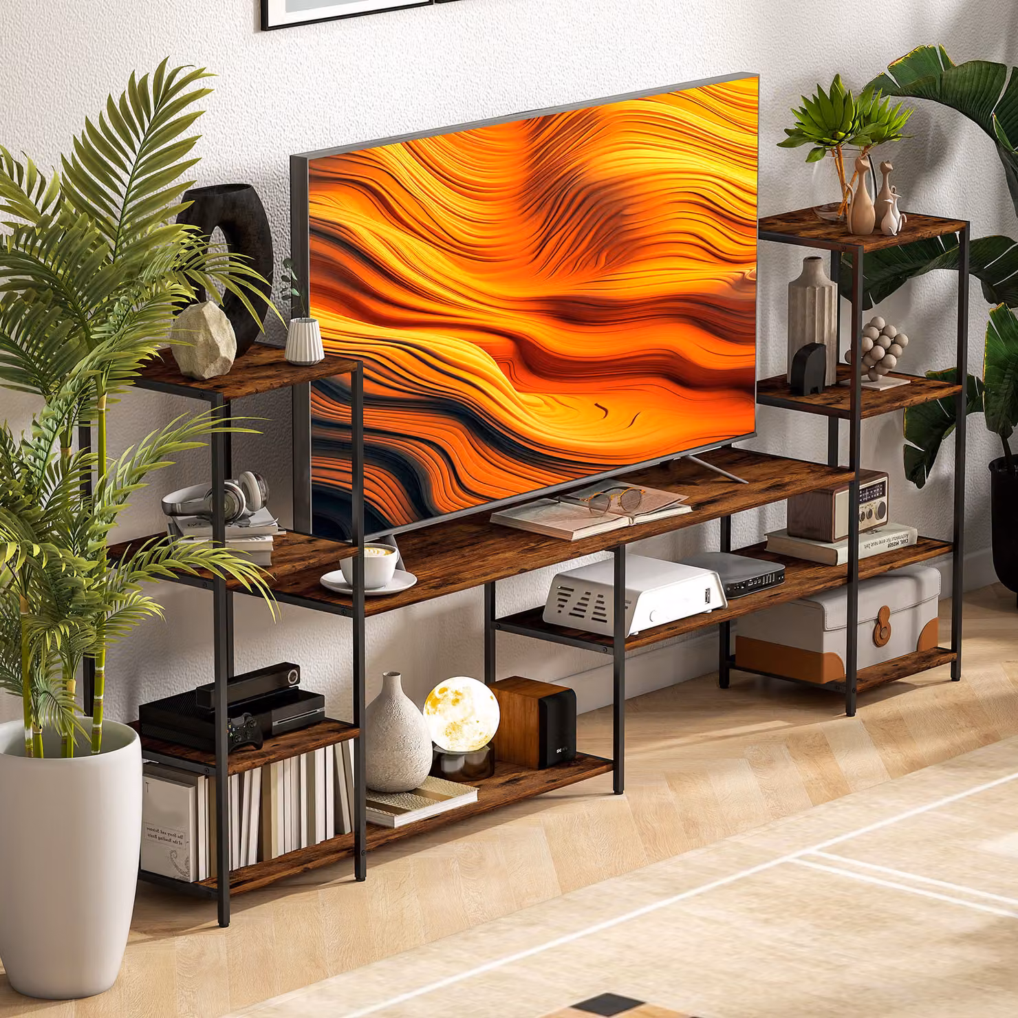 HOMCOM Industrial TV Unit for TVs up to 60 Inches with Storage Shelves in Black and Brown – 6