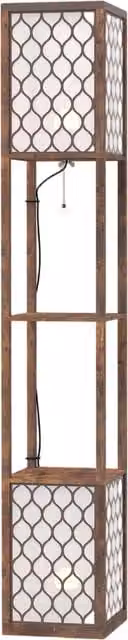 HOMCOM Modern Tall Floor Lamp with Shelves and Fabric Lampshades in Rustic Brown