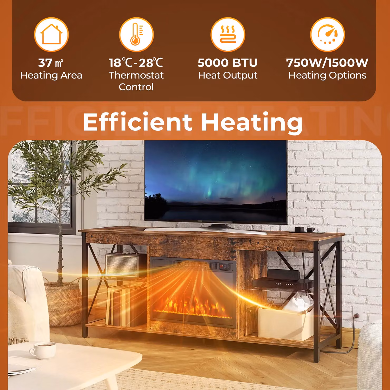 Costway 23 Inch Black Electric Fireplace Insert with 750W/1500W Heater Settings – 7