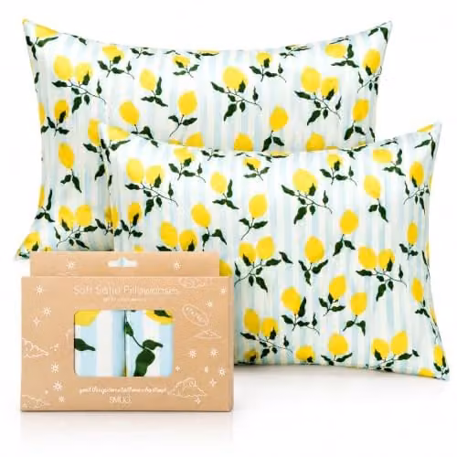 SMUG 2 Pack Mako Satin Pillowcases in Yellow Lemon Stripe with Envelope Closure – 1