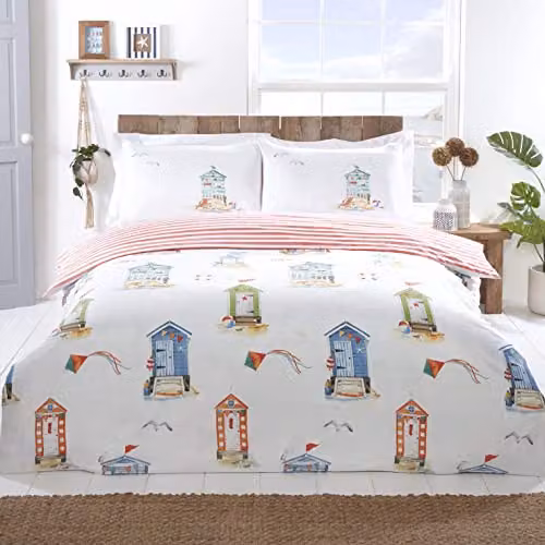 Rapport Home Padstow Reversible Microfibre Double Duvet Cover Set in White and Red, W/D/H: 140 x 200 cm