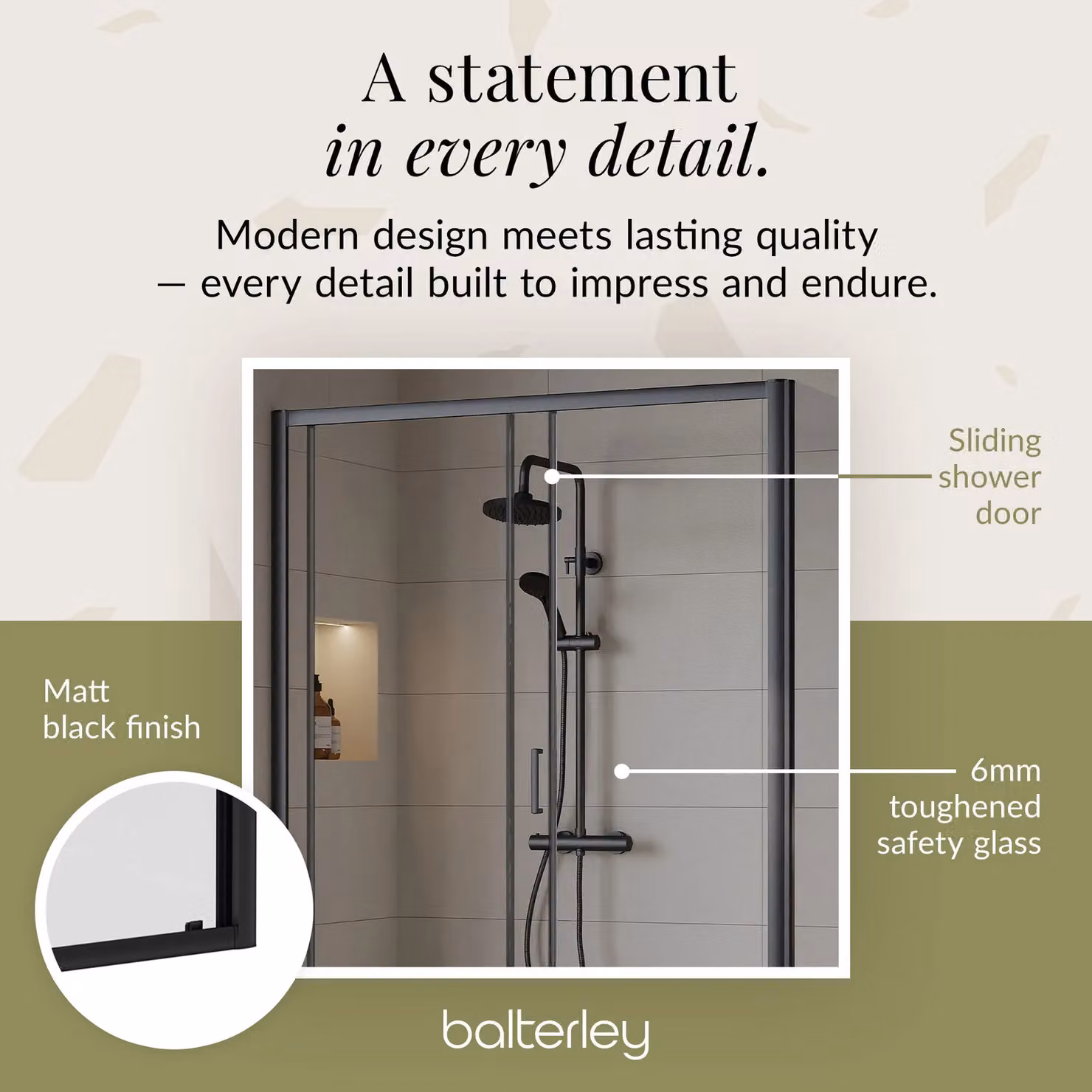 Balterley Ruwa Sliding Shower Suite with Rectangular Tray and 6mm Glass Door Panel, Black, W: 1400 mm, D: 700 mm, H: 190 mm – 4
