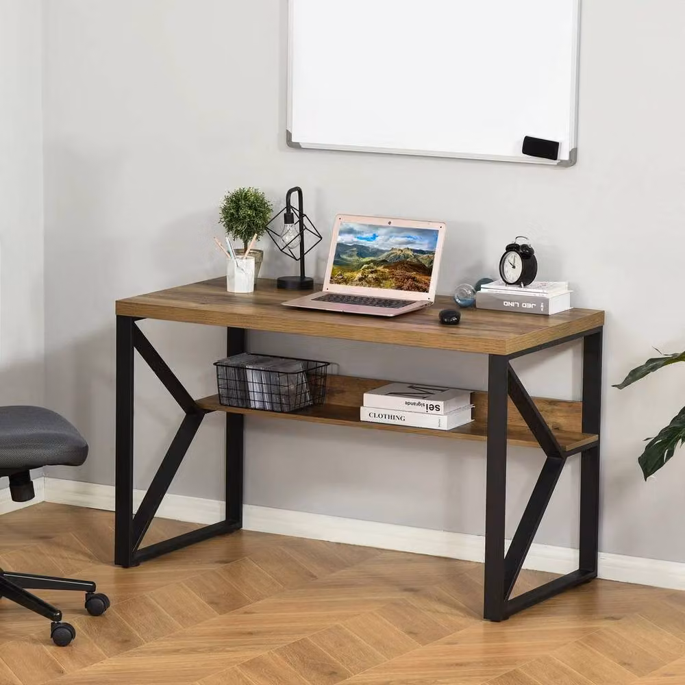 PAWNORA Computer Writing Desk with K-Shaped Steel Legs and Storage Shelf in Brown – 3