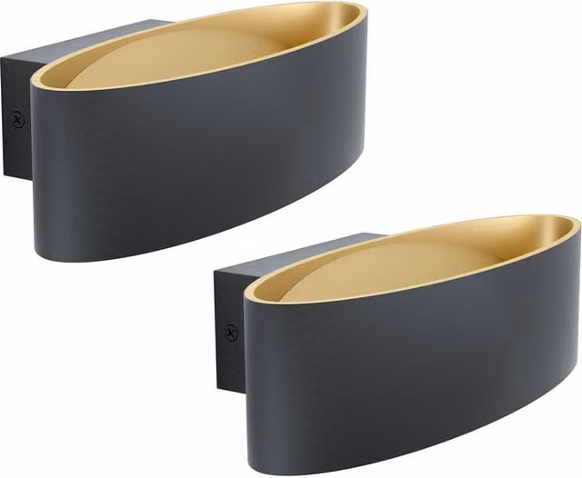 Loops 2 Pack Modern Oval LED Wall Lights in Black and Gold with Transparent Plastic Shades