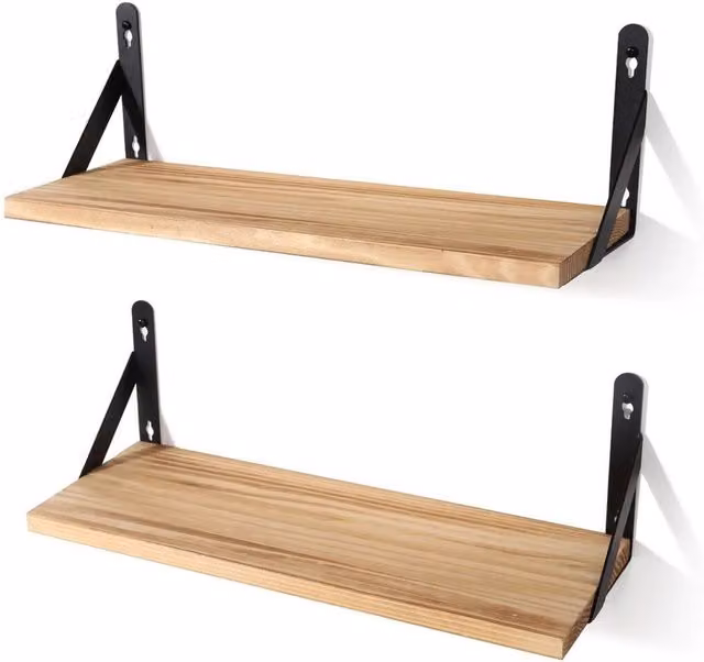 NESTLUNE 2-Piece Wooden Floating Wall Mounted Display Storage Shelves in Natural Brown, W: 100 cm, D: 15 cm