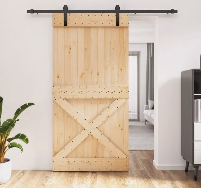 Berkfield Home Modern Sliding Door with Hardware Set, Solid Wood and Steel, Brown, W: 100 cm, H: 210 cm – 1