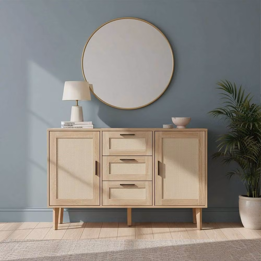 Kelvenix Modern Rattan Sideboard Cabinet with 2 Doors and 3 Drawers in Brown – 3