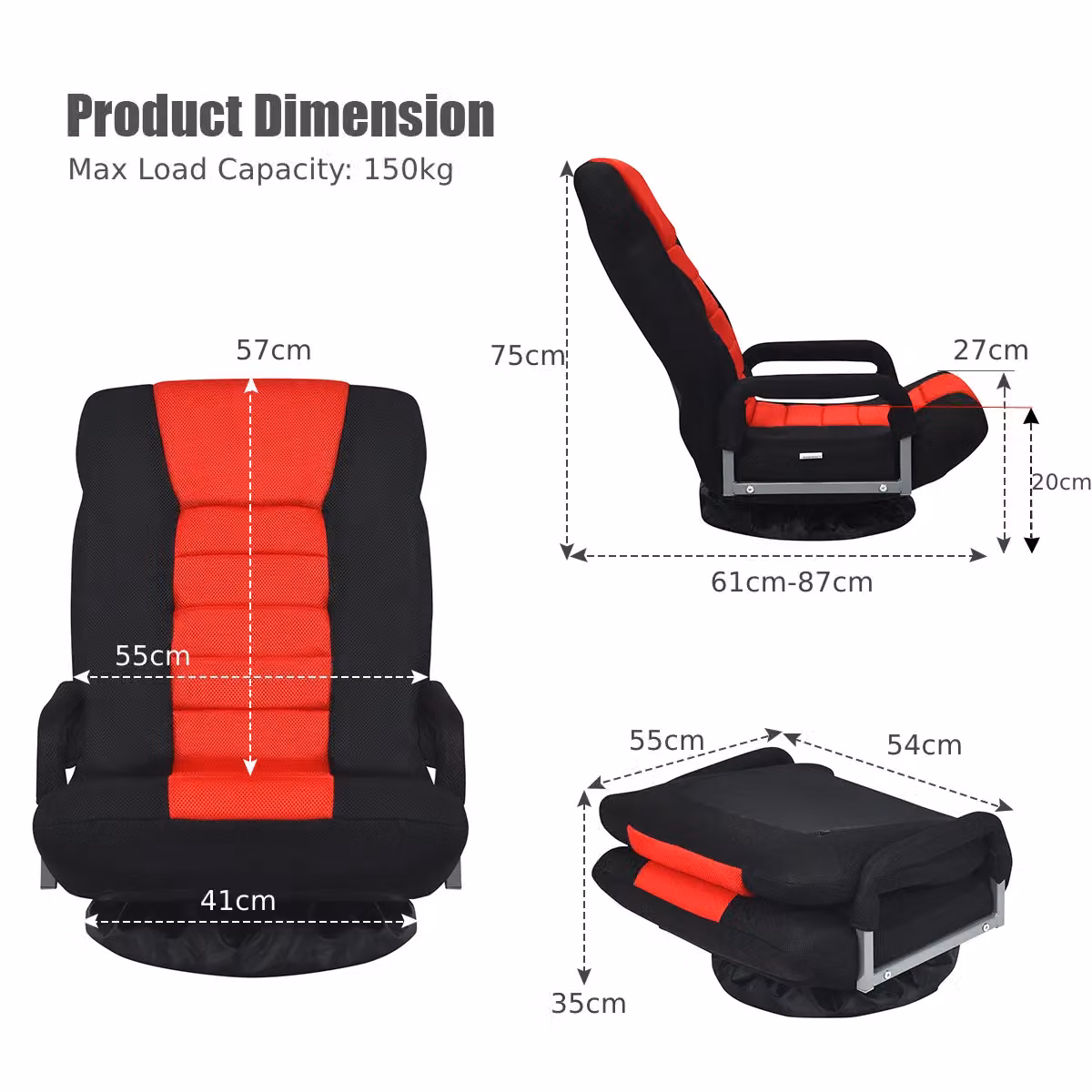 Costway Red Folding Floor Gaming Chair with 6-Position Adjustable Backrest – 2