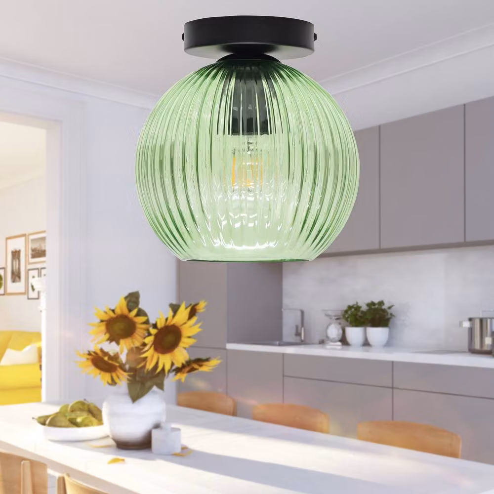 First Choice Lighting Betchley Green Ribbed Glass Sphere Black Ceiling Light Fitting – 3