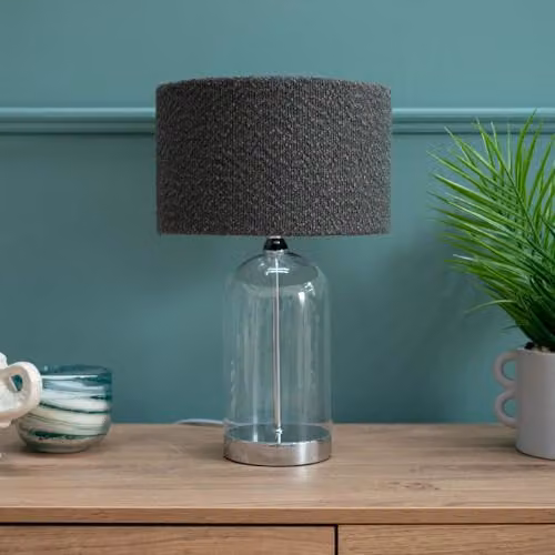 ValueLights Glass and Silver Chrome Metal Bedside Table Lamp with Charcoal Grey Fabric Lampshade and LED Bulb Included – 2