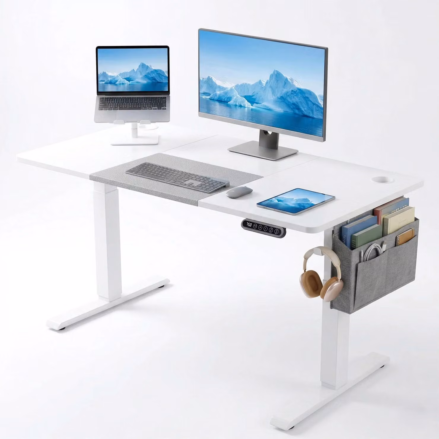 DHS Electric Height Adjustable Standing Desk with Matt White and Grey Finish, W/D/H: 120 x 60 x 72 cm